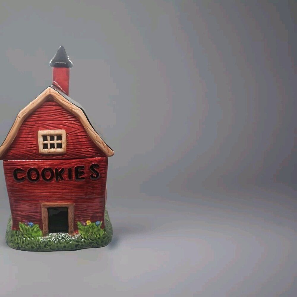 Sakura China Kimble Ceramic Red Barn Schoolhouse Cookie Jar Hand-Painted!